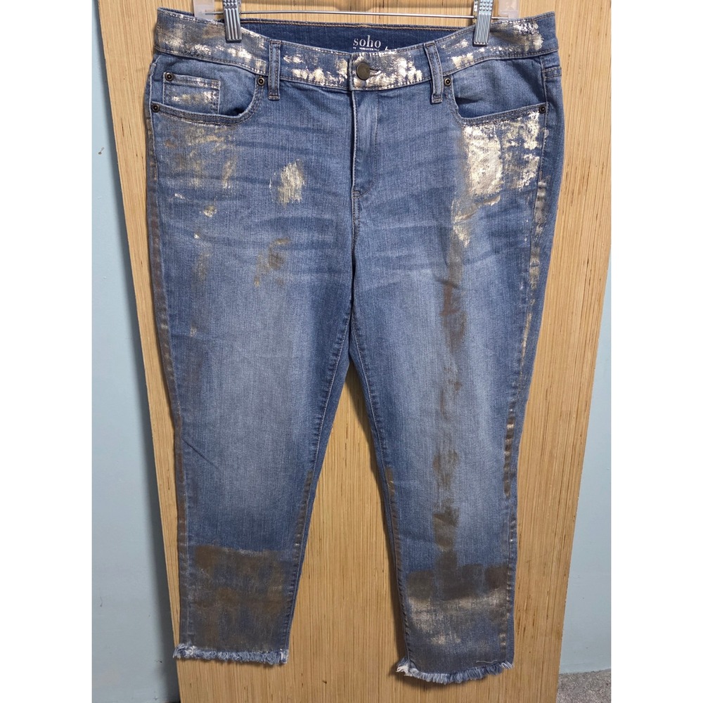 Soho Jeans New York & Company Gold Foil Metallic Boyfriend Jeans Blue 14 Ankle
